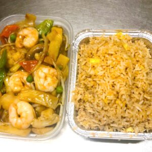 85.King Prawns & Mixed Vegetables on Fired Rice 什菜大下反